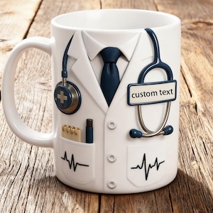 Puede incluir: Taza de cerámica blanca con un diseño de bata de médico, que incluye una corbata azul, un estetoscopio y el texto "custom text". La taza tiene un asa y un bolsillo con un bolígrafo y un bloc de notas. También hay un gráfico de latidos del corazón.