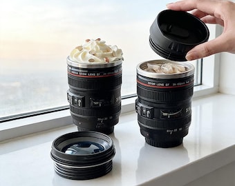 Taza con forma de lente de cámara, taza de café para fotógrafo, tapa transparente o negra, divertida taza con zoom DSLR