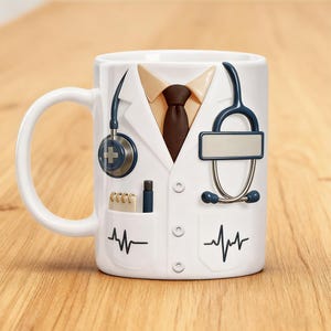 May include: White ceramic mug with a doctor's coat design. The mug features a brown tie, a stethoscope, and a notepad in the pocket. The design includes a heartbeat graphic and a cross symbol. The handle is white.