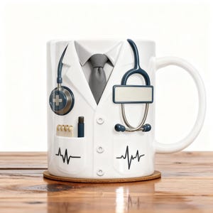 May include: White ceramic mug designed to resemble a doctor's coat, complete with a gray tie, stethoscope, and a pocket with a pen and notepad. The mug features a heartbeat graphic and a cross symbol. The mug is sitting on a wooden surface.