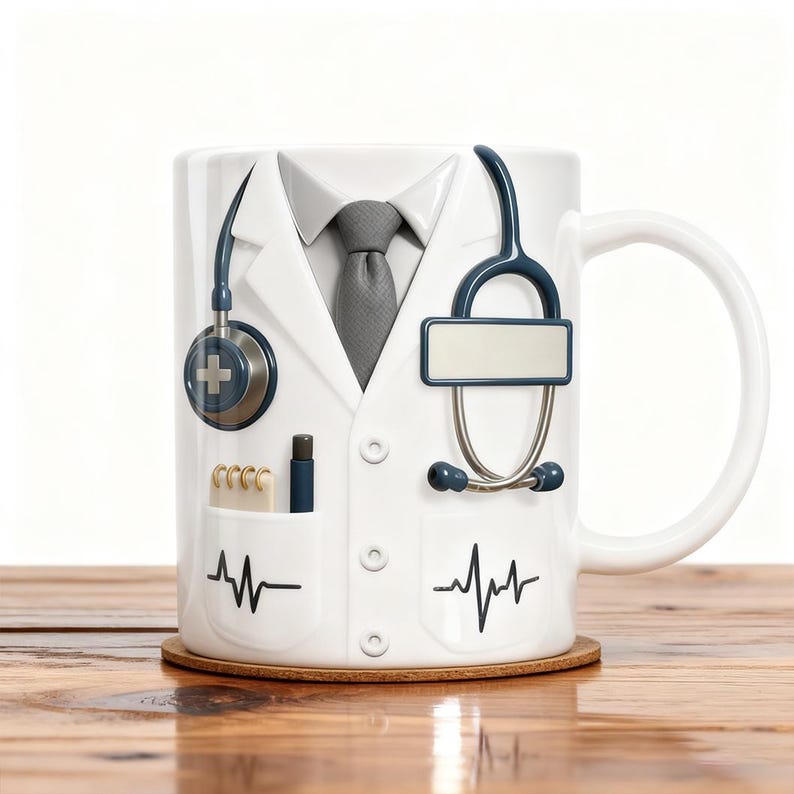 May include: White ceramic mug designed to resemble a doctor's coat, complete with a gray tie, stethoscope, and a pocket with a pen and notepad. The mug features a heartbeat graphic and a cross symbol. The mug is sitting on a wooden surface.