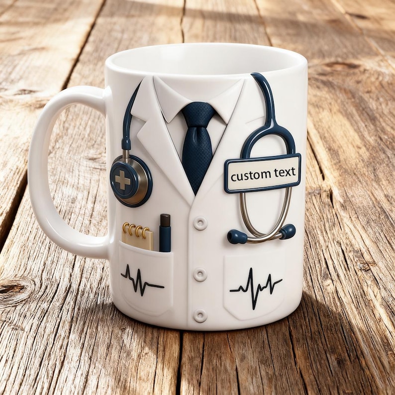 May include: White ceramic mug featuring a doctor's coat design with a blue tie, stethoscope, and the words "custom text". The mug has a handle and a pocket with a pen and notepad. A heartbeat graphic is also present.