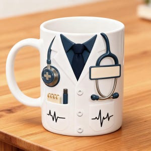 May include: White ceramic mug designed to resemble a doctor's coat, complete with a blue tie, stethoscope, and pocket details. The mug features a handle and a heartbeat graphic, perfect for medical professionals or students.