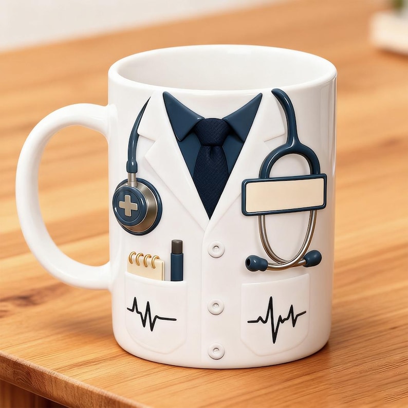 May include: White ceramic mug designed to resemble a doctor's coat, complete with a blue tie, stethoscope, and pocket details. The mug features a handle and a heartbeat graphic, perfect for medical professionals or students.