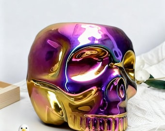 Taza iridiscente con calavera: taza de cerámica que cambia de color, taza de café gótica brillante con forma de calavera, regalo único para Navidad y cumpleaños.