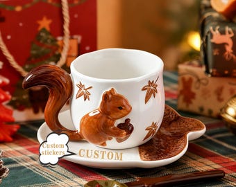 Taza de cerámica personalizada con ardilla, taza de café con diseño de animales, regalo de Navidad, taza de regalo para ella
