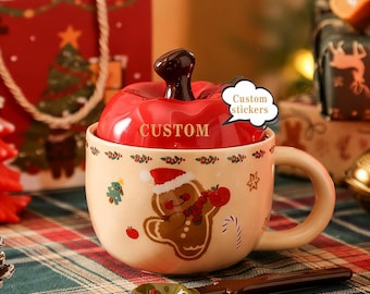 Personalized Christmas Ceramic Mug, Apple Lid, Gingerbread, Xmas Tree