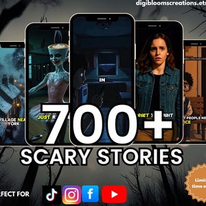 Op de afbeelding: Promotieafbeelding voor "700+ Engelse Verhalen" weergegeven op meerdere smartphoneschermen. De schermen tonen horror-thema illustraties en tekst. De afbeelding bevat social media iconen en een "Limited time offer!" badge.