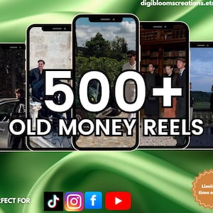 以下が含まれることがあります： さまざまな画像を表示する5台のスマートフォンをフィーチャーしたデジタル製品の広告。「500+ OLD MONEY REELS」というテキストが目立つように表示されています。TikTok、Instagram、Facebook、YouTubeのソーシャルメディアアイコンと「期間限定オファー！」バッジが表示されています。