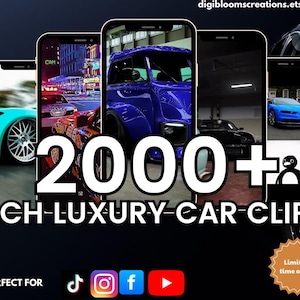 Peut inclure: Publicité avec cinq smartphones affichant des images de voitures de luxe. Le texte "2000+ RICH-LUXURY-CAR-CLIPS" est mis en évidence. Icônes de médias sociaux et badge "Offre limitée dans le temps !" également visibles.