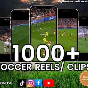 Puede incluir: Imagen promocional con cinco smartphones que muestran clips de partidos de fútbol. El texto "1000+ SOCCER REELS/CLIPS" se muestra de forma destacada. Se incluyen iconos de redes sociales para TikTok, Instagram, Facebook y YouTube, junto con una insignia de "¡Oferta por tiempo limitado!".