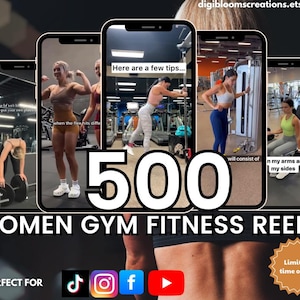 Puede incluir: Un anuncio de 500 Reels de fitness para mujeres, que se muestra en varias pantallas de teléfonos inteligentes. La imagen presenta a mujeres haciendo ejercicio en un gimnasio. El texto incluye "Perfect For" e iconos de redes sociales. También se muestra una oferta por tiempo limitado.