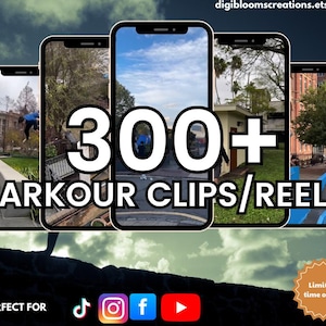 Puede incluir: Imagen que presenta cinco pantallas de teléfonos inteligentes que muestran videos de parkour. El texto "300+ PARKOUR CLIPS/REELS" se muestra de forma destacada. Se ven iconos de redes sociales para TikTok, Instagram, Facebook y YouTube, junto con el texto "PERFECT FOR". También hay una insignia de "¡Oferta por tiempo limitado!".