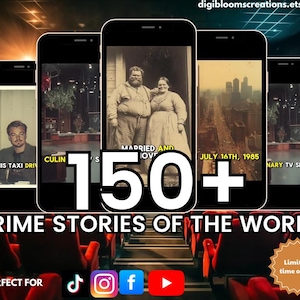 Puede incluir: Imagen promocional de "Crime Stories of the World" con múltiples pantallas de teléfonos inteligentes que muestran contenido relacionado con el crimen. La imagen incluye el texto "150+" e iconos de redes sociales. El fondo muestra asientos de cine rojos.