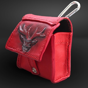 Red Leather Deer Embossed Case – Handmade Small Pouch with Belt Loop, Cigarettes, Earbuds & Keys