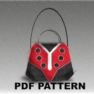 May include: A digital illustration of a handbag with a red and black geometric design featuring hexagonal accents and a white Y-shaped center detail. The bag has two thin black handles and is labeled with the text PDF PATTERN at the bottom.