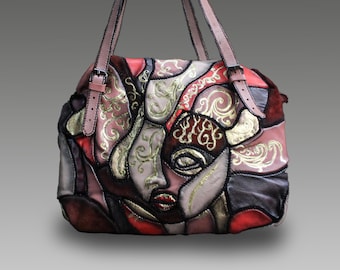 Abstract Woman Face Leather Bag – One-of-a-Kind Handmade Patchwork Tote