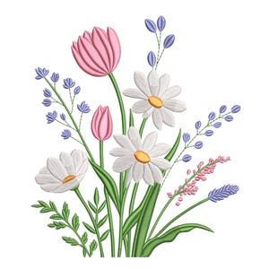 May include: An embroidered floral design showing a bouquet of flowers. The bouquet includes pink tulips, white daisies with yellow centres, and sprigs of lavender and blue flowers, all with green stems and leaves.