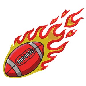May include: An embroidered patch featuring a red and white American football with grey detailing, engulfed in stylised yellow and red flames. Ideal for sports-themed items.