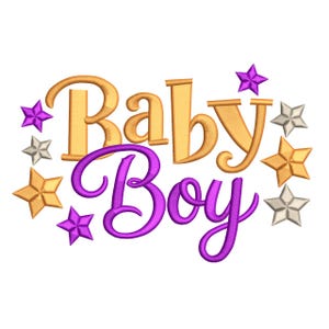 May include: An embroidered design with the words "Baby Boy" in gold and purple. The design is surrounded by gold, silver, and purple stars, perfect for baby shower decorations or crafts.