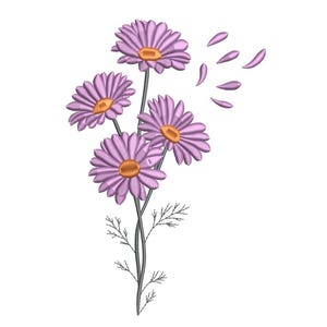 May include: Embroidered floral design featuring four lavender daisies with orange centers and falling petals. The daisies are on green stems with small leaves, set against a white background. A delicate, nature-inspired design.