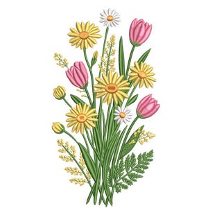 May include: Embroidered floral design featuring yellow daisies, pink tulips, and white daisies with green stems and leaves. The bouquet is arranged vertically against a white background, showcasing a detailed, colourful botanical illustration.