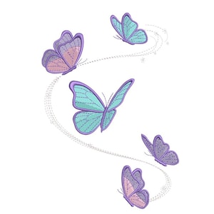 May include: An illustration of five butterflies in flight. The butterflies have purple and teal wings with detailed stitching. They are arranged in a flowing pattern against a white background.