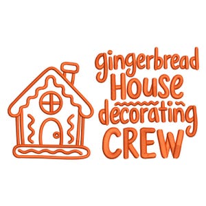 Op de afbeelding: Oranje lijntekening van een peperkoekhuisje met schoorsteen, deur en raam. De tekst "gingerbread House decorating CREW" is in oranje script naast het huis geschreven.
