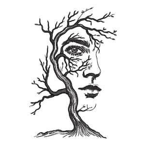May include: A black and white illustration depicting a face merged with a tree. The tree's branches create the hair and facial features, such as an eye, nose, and lips. The detailed artwork is set against a white backdrop.