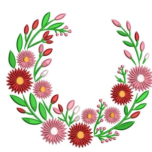 Könnte beinhalten: Ein gestickter Blumenkranz mit roten und rosa Blüten, grünen Blättern und roten Knospen. Das Design ist auf weißem Hintergrund platziert und wirkt lebendig und dekorativ.