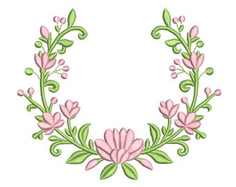 Stickdatei für Stickmaschinen: Rosa Blumenkranz, botanischer Rahmen