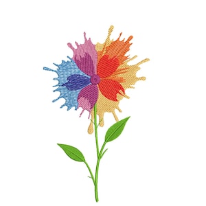 May include: Embroidered flower design with colourful paint splash petals in shades of blue, purple, red, orange, and yellow. The flower has a green stem and leaves, set against a white background.