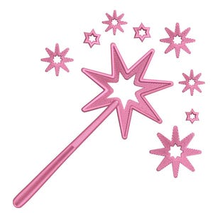 May include: A pink embroidered fairy wand with a starburst design and a cluster of star accents. The wand features a long handle and a large star at the top, with smaller stars surrounding it. The design is on a white background.