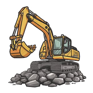 Puede incluir: Un diseño de bordado de una excavadora amarilla con cabina negra y orugas gris oscuro, colocada sobre un montón de rocas grises. El vehículo de construcción cuenta con un brazo articulado largo y un cucharón con dientes visibles.