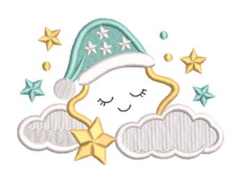 Schlafender Stern auf Wolken – Niedliches Stickmuster für Kinderzimmer