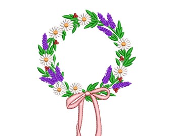 Floral Wreath with Bow Embroidery Design-Embroidery Machine File