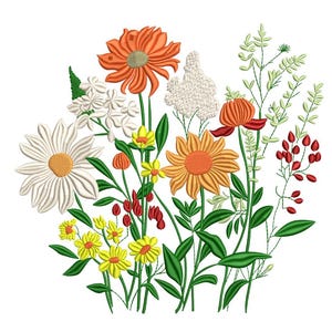 Peut inclure: Broderie florale avec diverses fleurs aux tons orange, jaune, blanc et rouge, avec des feuilles et des tiges vertes. Les fleurs comprennent des marguerites, des tournesols et d'autres fleurs sauvages, créant une illustration botanique vibrante et détaillée.