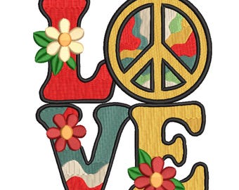Retro-Stickmuster mit Blumenmotiv und Liebes-/Friedenssymbol – Stickdatei