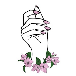 May include: Line art illustration of a hand with pink fingernails, surrounded by pink flowers and green leaves. The hand is in a gesture, with the fingers and thumb touching. The design is on a white background.