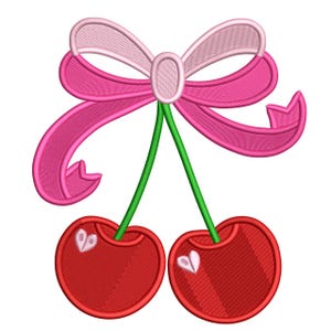 Puede incluir: Ilustración estilizada de dos cerezas rojas con tallos verdes y un lazo rosa. Cada cereza tiene un detalle en forma de corazón blanco. El lazo es rosa con un contorno rosa más claro.