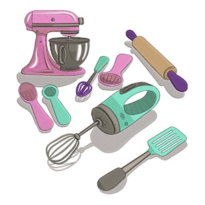 May include: An illustration of various kitchen tools, including a pink stand mixer, a teal hand mixer, a rolling pin, and several spoons and spatulas in pink and teal. The tools are arranged on a white background with shadows.