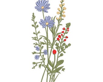 Blue Red Wildflower Meadow Machine Embroidery Design-Machine Embroidery Design File