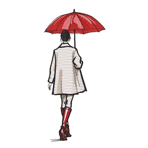 Op de afbeelding: Geborduurde illustratie van een persoon die wegloopt en een rode paraplu vasthoudt. De persoon draagt een lichtgekleurde jas en rode laarzen met hoge hakken. De paraplu heeft een rood-wit gestreept patroon.