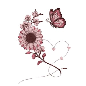 Könnte beinhalten: Gesticktes Design mit einer rosa Sonnenblume, Kirschblüten und einem Schmetterling. Der Schmetterling befindet sich in der Nähe der Blumen, mit einer herzförmigen Linie, die die floralen Elemente verbindet. Das Design ist in Rosa- und Brauntönen auf weißem Hintergrund gehalten.