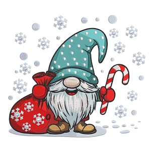 May include: A whimsical Christmas gnome illustration. The gnome wears a teal hat with white polka dots and holds a candy cane and a red sack with snowflake designs. The background features snowflakes.