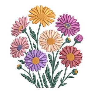 Pode incluir: Um design floral bordado com um buquê de margaridas coloridas. As flores são em tons de rosa, amarelo, roxo e vermelho com caules e folhas verdes. O desenho está em um fundo branco.