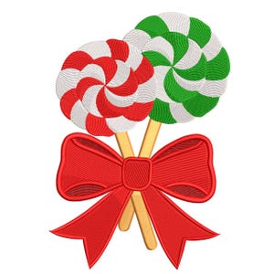 May include: Embroidered design featuring two lollipops, one red and white, the other green and white, on wooden sticks. A large red bow is positioned below the lollipops. The design is likely for a holiday or festive theme.