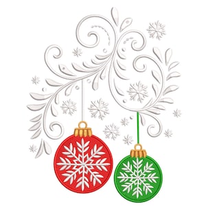 May include: A festive Christmas design featuring two baubles, one red and one green, each with a white snowflake. The baubles hang from a decorative white swirl with snowflakes. Gold-coloured caps top the baubles.