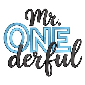 May include: A graphic design with the words "Mr. ONE derful" in black and light blue. The word "Mr." is in a cursive font, and "ONE" is in a block font. The word "derful" is in a cursive font.