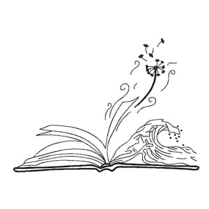 Puede incluir: Ilustración en blanco y negro de un libro abierto con un diente de león y una ola. El diente de león libera semillas en el aire. La ola rompe sobre las páginas del libro.